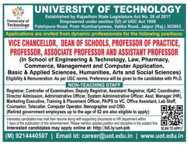 University of Technology Jaipur Teaching & Non-Teaching 2025